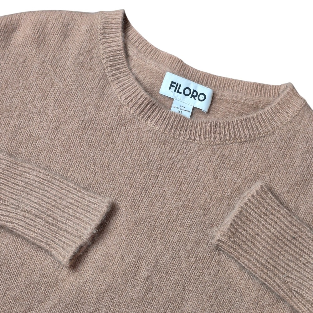 Filoro Women's XS 100% Cashmere‎ Sweater Tan Crew Neck Soft Pockets Minimalist